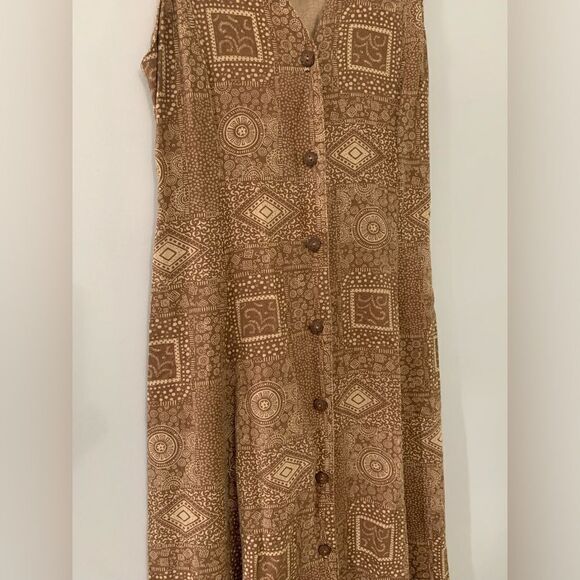 VTG Northern Isles Portraits Pattern Hippie Boho Maxi Button Down Linen Dress M - Picture 10 of 10